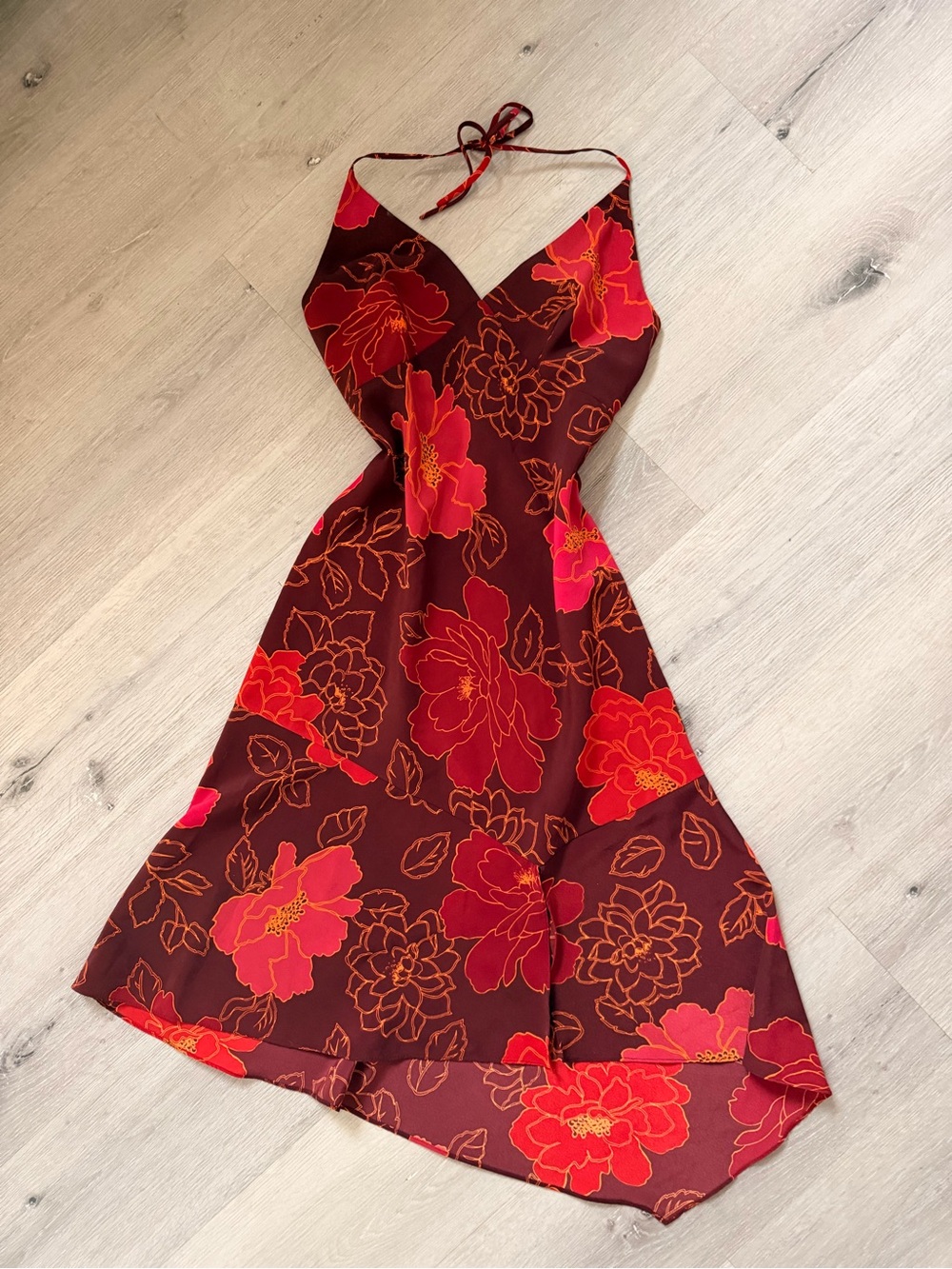 Express Red Floral High-Low Halter Dress